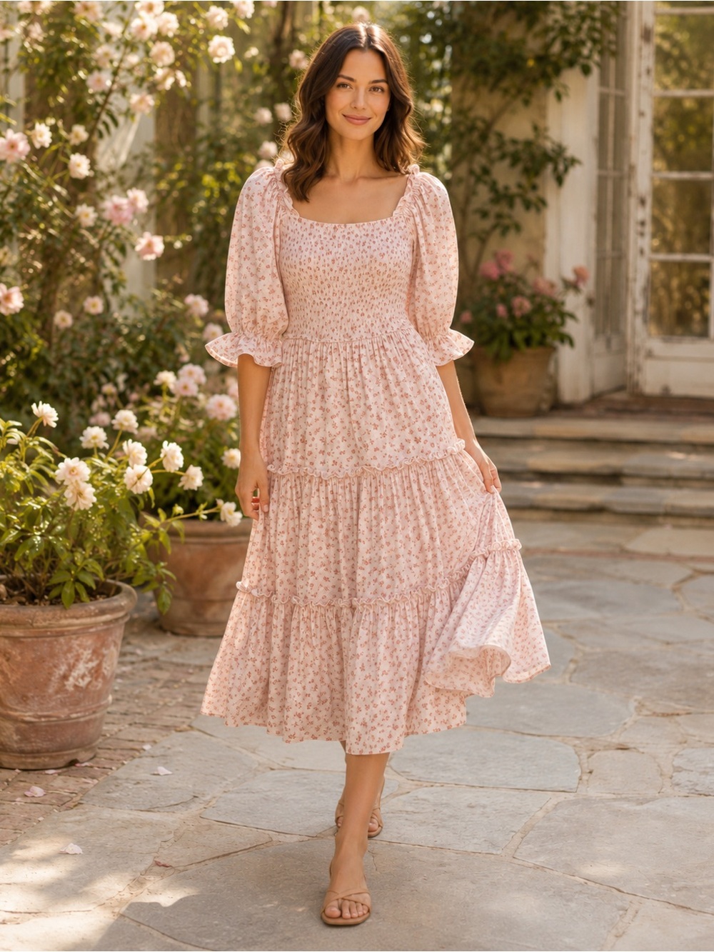 Ivy City Co Madeline Dress Pink Floral Smocked Midi Size S
